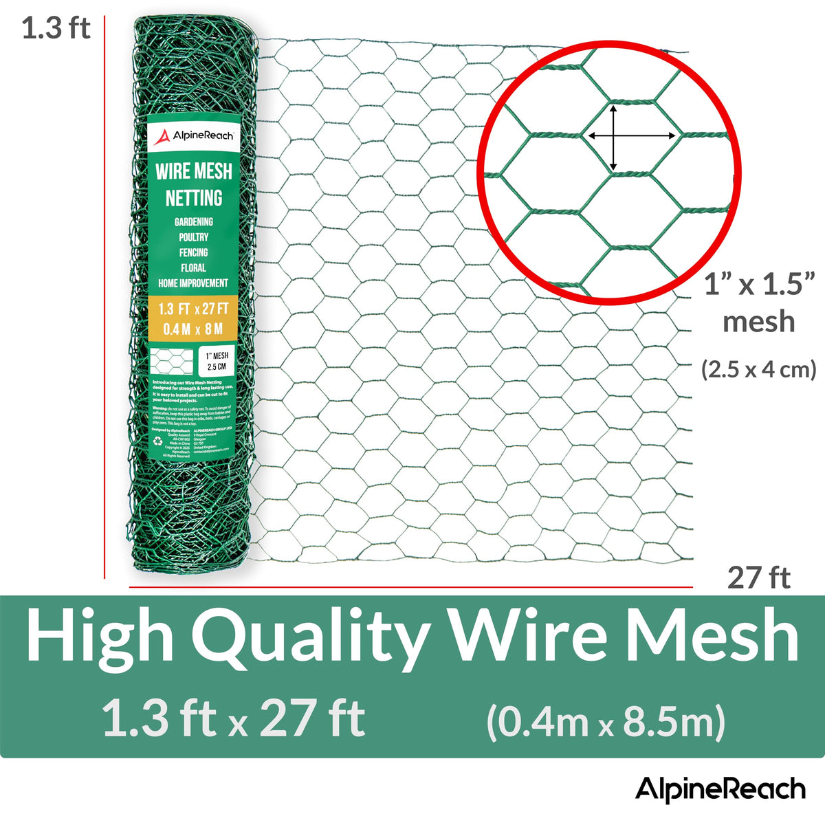 AlpineReach green garden netting hexagonal mesh, ideal for flowers and trellises.