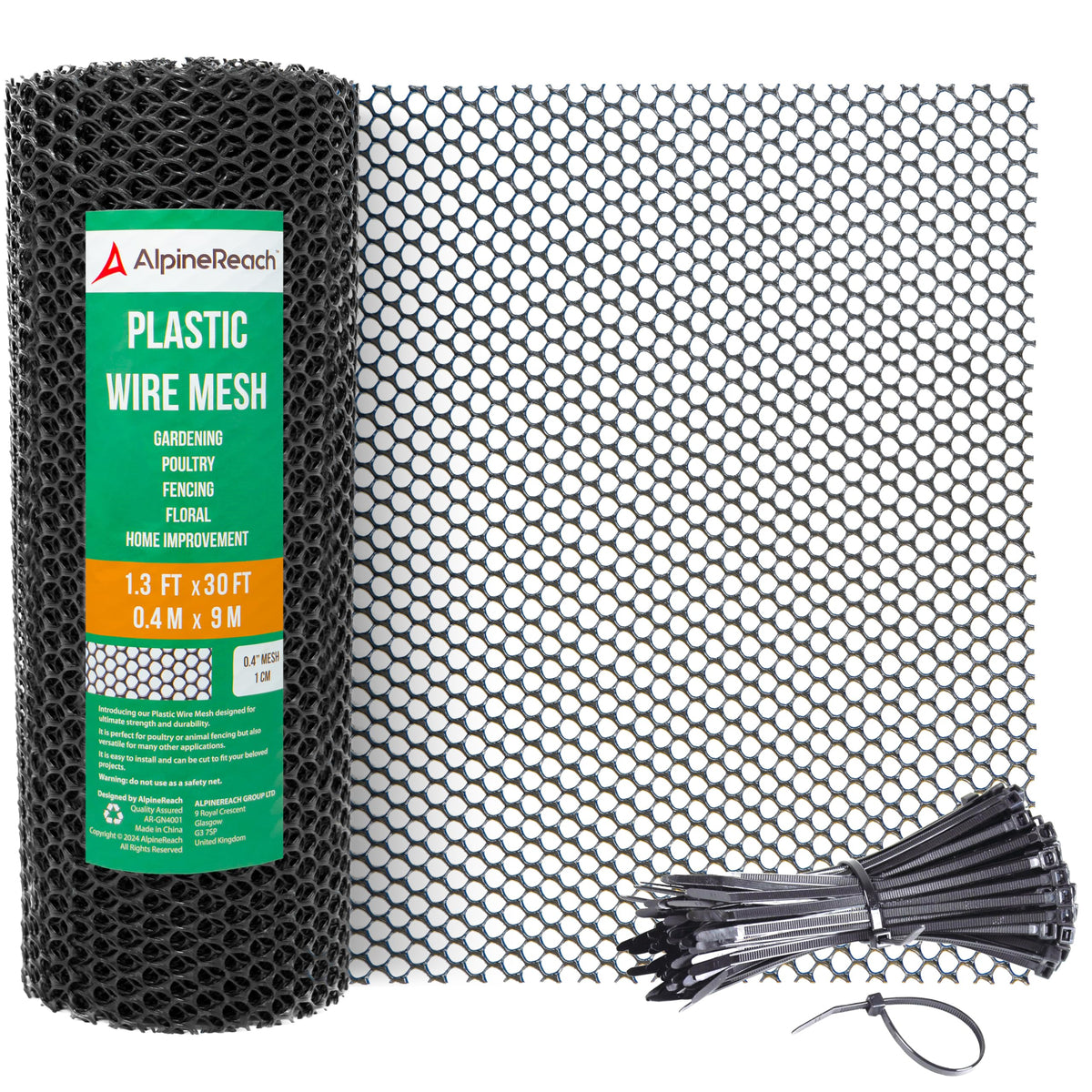 AlpineReach plastic wire mesh roll in black, durable fencing for yards and pens