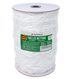 AlpineReach Trellis Netting 5x350ft white roll supports climbing plants in a neat garden setup.