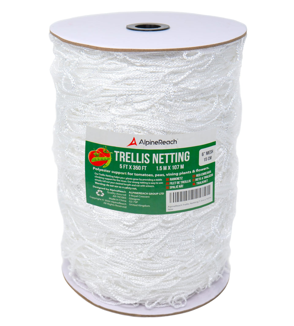 AlpineReach Trellis Netting 5x350ft white roll supports climbing plants in a neat garden setup.
