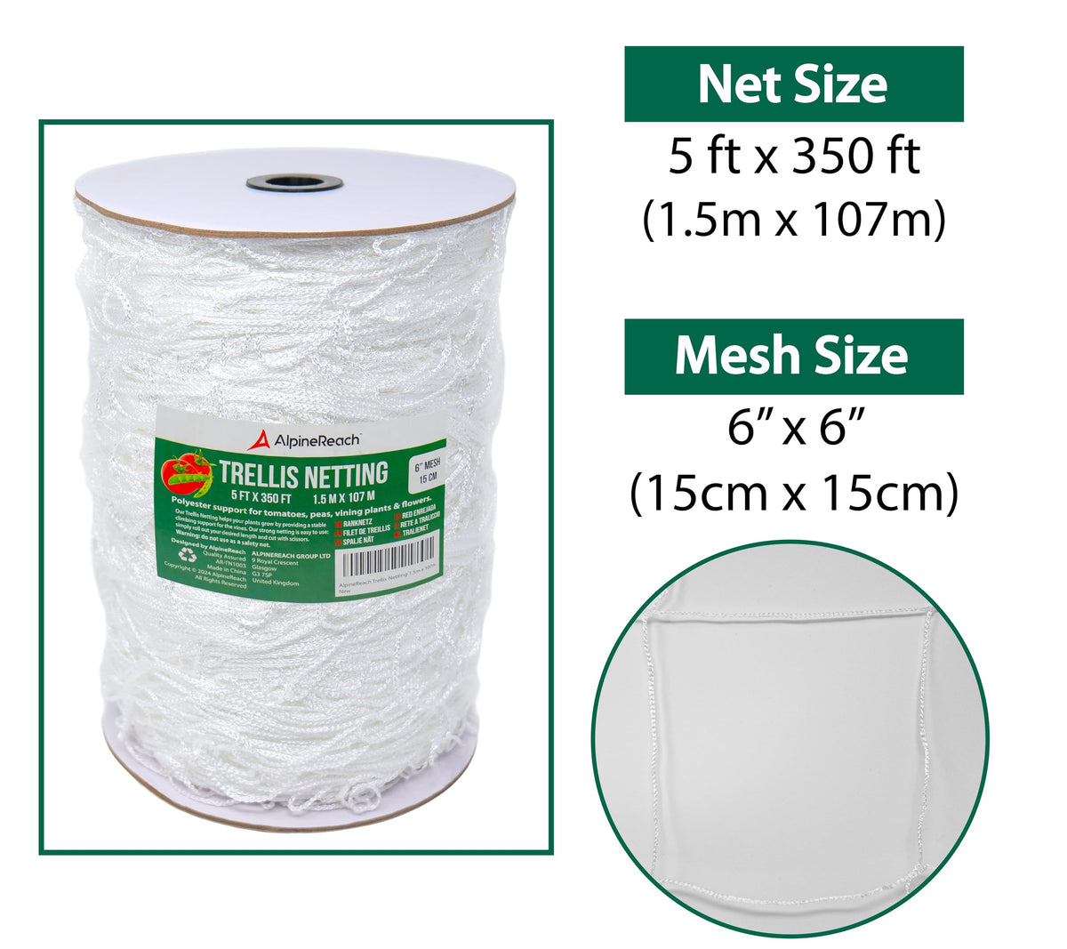 Close-up of AlpineReach trellis netting showing durable 6-inch mesh weave.