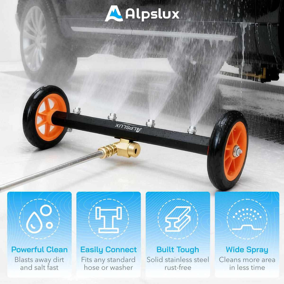 Alpslux 16-inch water broom demonstrates broad spray for dirt removal
