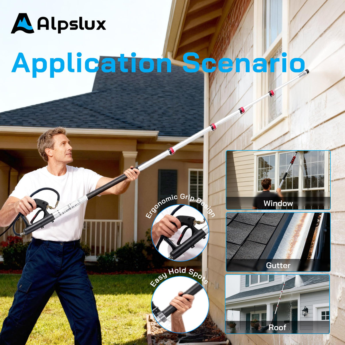 ALPSLUX brush head targets clogged gutters for thorough cleaning.