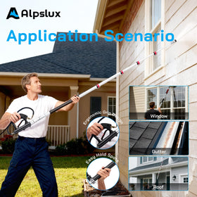 ALPSLUX brush head targets clogged gutters for thorough cleaning.