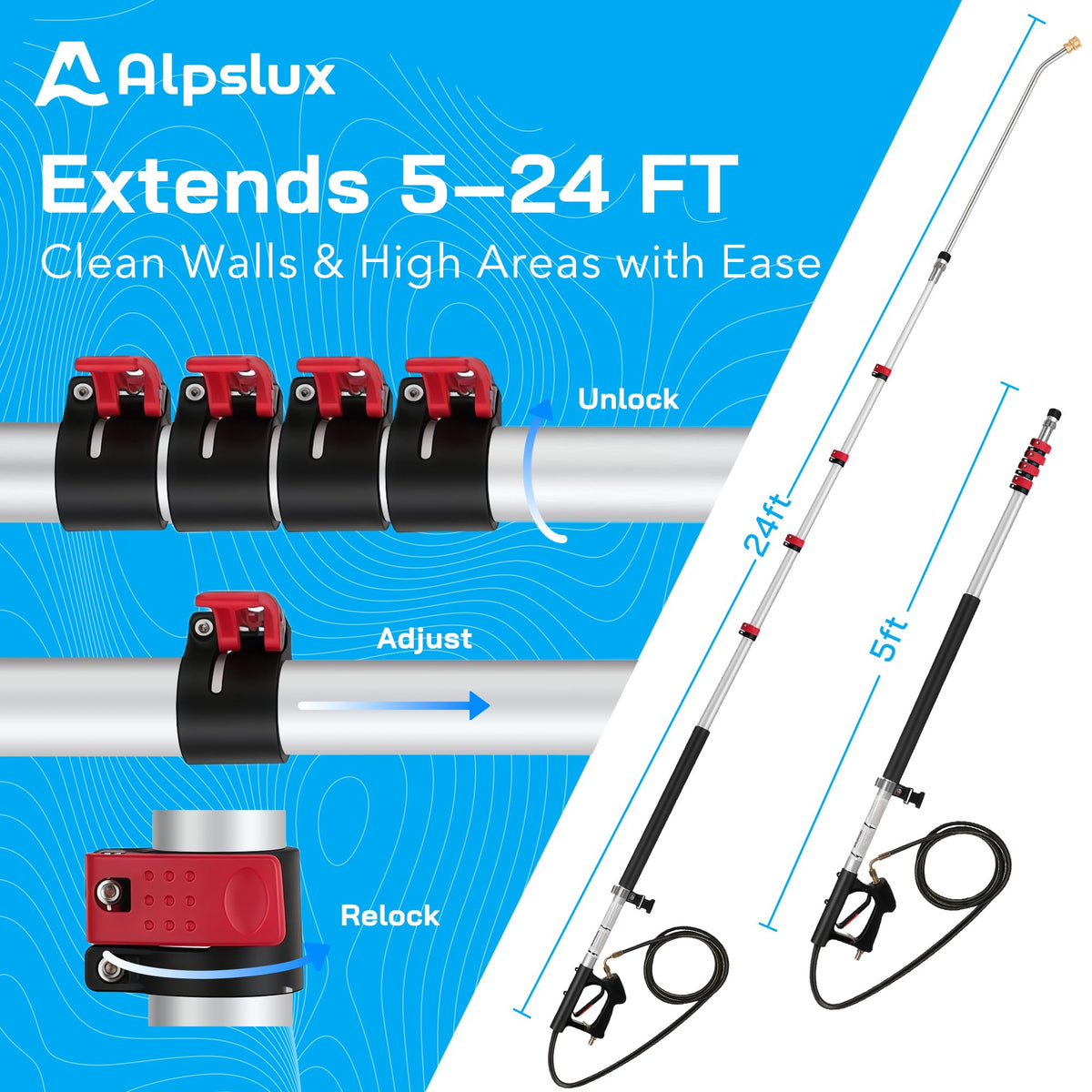 ALPSLUX gutter cleaner attachment flushes leaves and debris effectively.