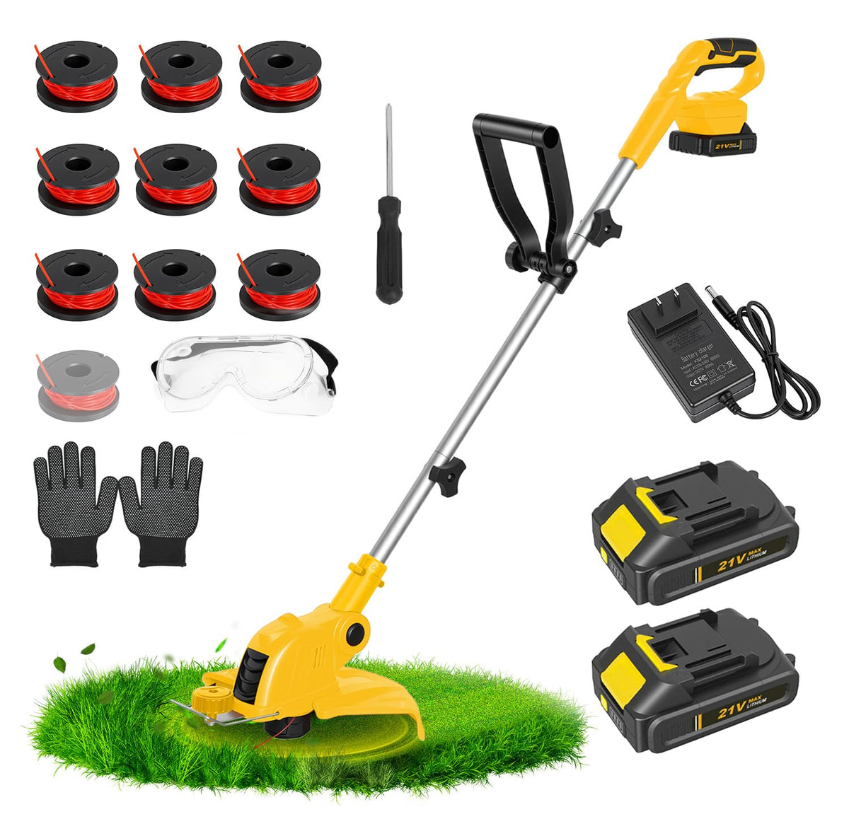 ALSO GO 21V weed wacker shows 9500 RPM motor for powerful trimming