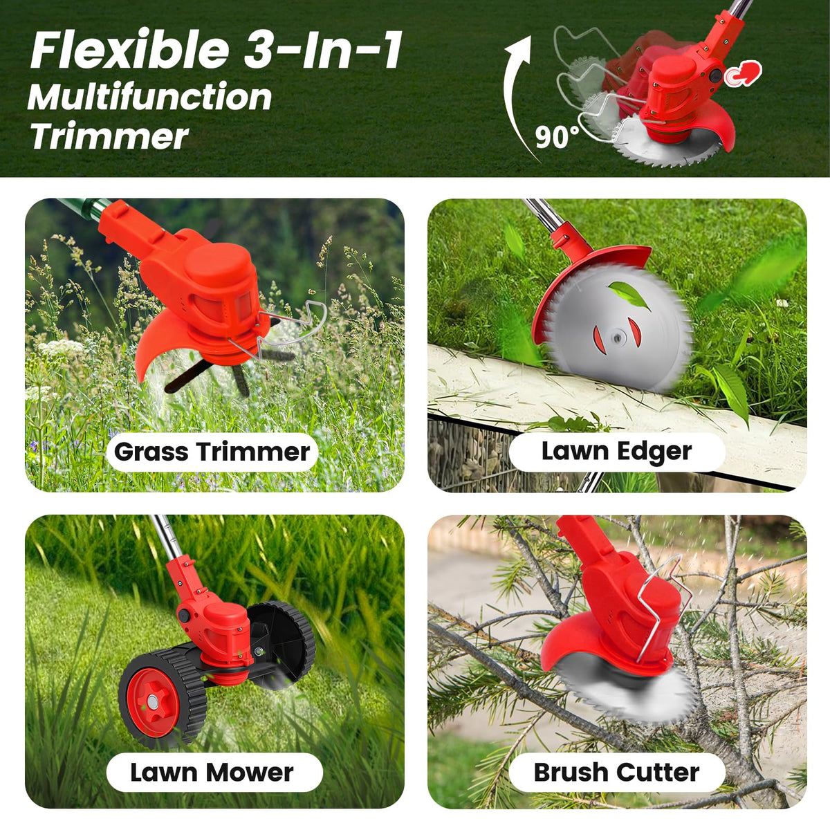 ALSO GO 24V weed wacker with rotating head reaches slopes and corners.