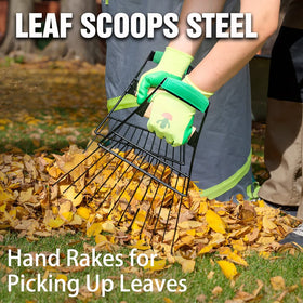 Altdorff leaf scoop with wide 14-inch rake for faster leaf collection.