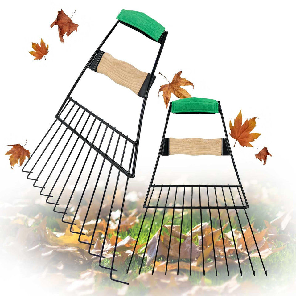 Altdorff steel leaf scoops ready to rake for efficient yard cleanup.