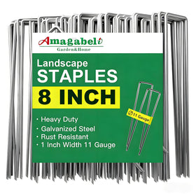 AMAGABELI 8-inch galvanized landscape staples securing weed barrier fabric with strong grip.