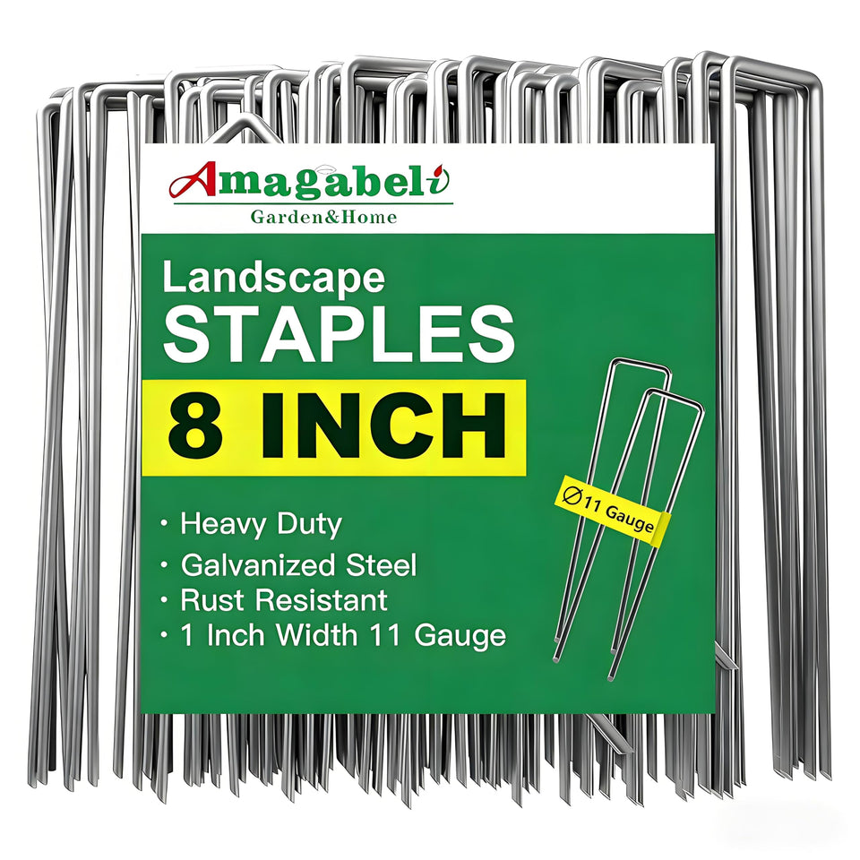 AMAGABELI 8-inch galvanized landscape staples securing weed barrier fabric with strong grip.
