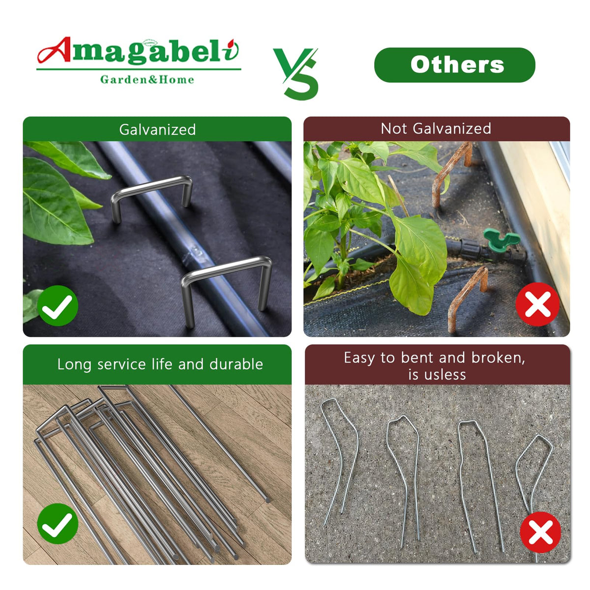 AMAGABELI landscape pins stabilize raised beds and geotextile fabrics.