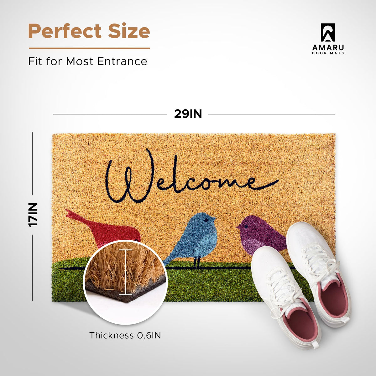 AMARU Colorful Birds door mat back view showing heavy-duty backing stays put