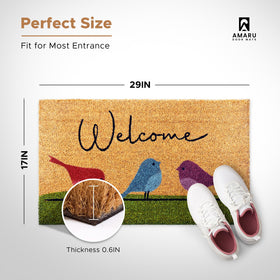 AMARU Colorful Birds door mat back view showing heavy-duty backing stays put