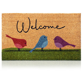 AMARU Colorful Birds coir door mat front view with anti-slip backing for safe footing