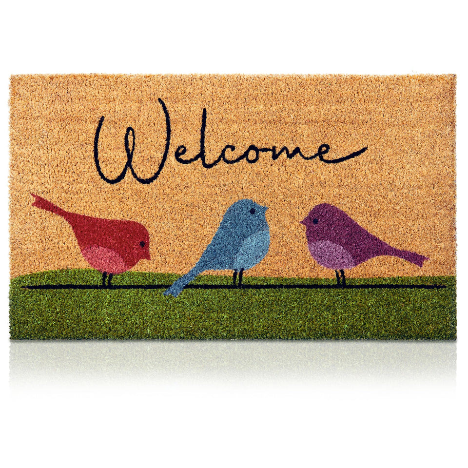 AMARU Colorful Birds coir door mat front view with anti-slip backing for safe footing