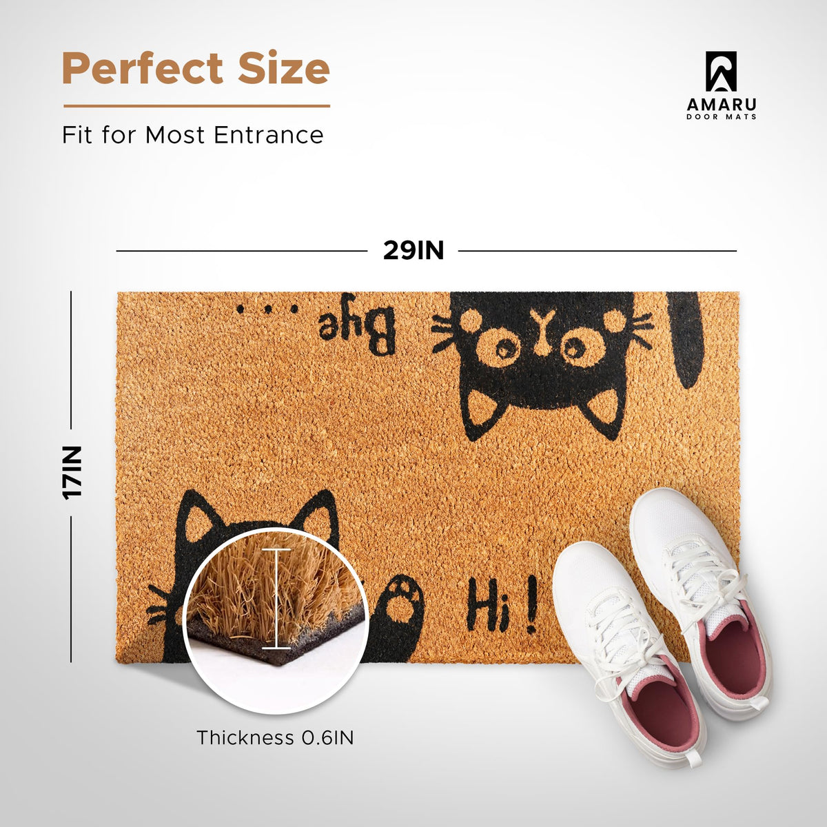 AMARU DOOR MATS Hi-Bye Cat anti-slip backing keeps the mat secure on smooth floors.
