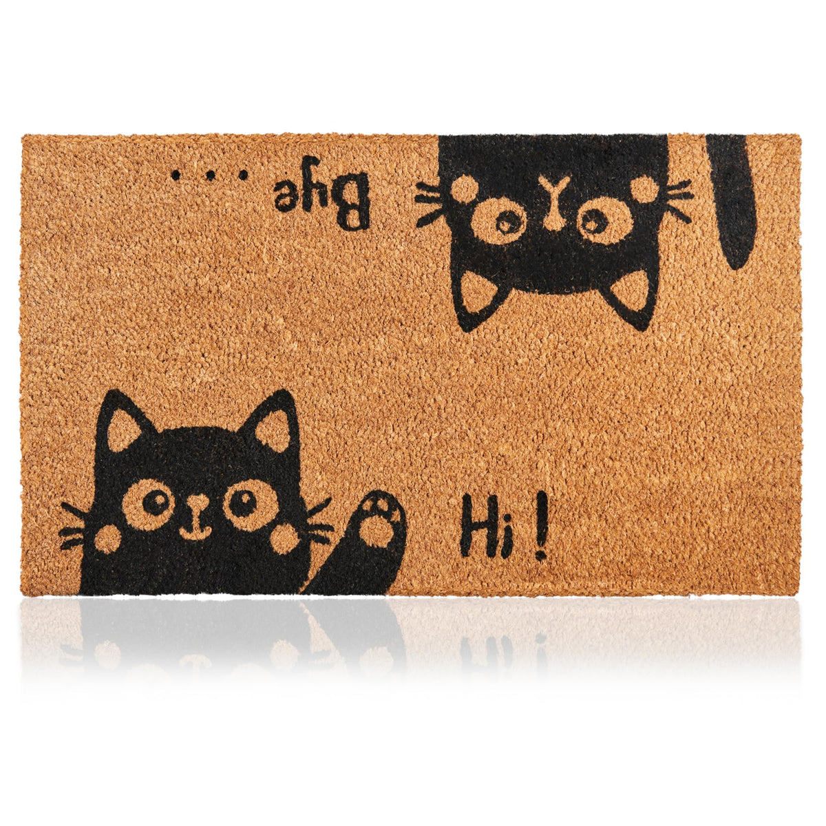 AMARU DOOR MATS Hi-Bye Cat front view shows coconut fiber texture for natural entryway appeal.