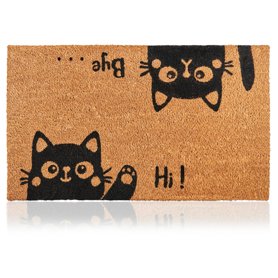 AMARU DOOR MATS Hi-Bye Cat front view shows coconut fiber texture for natural entryway appeal.