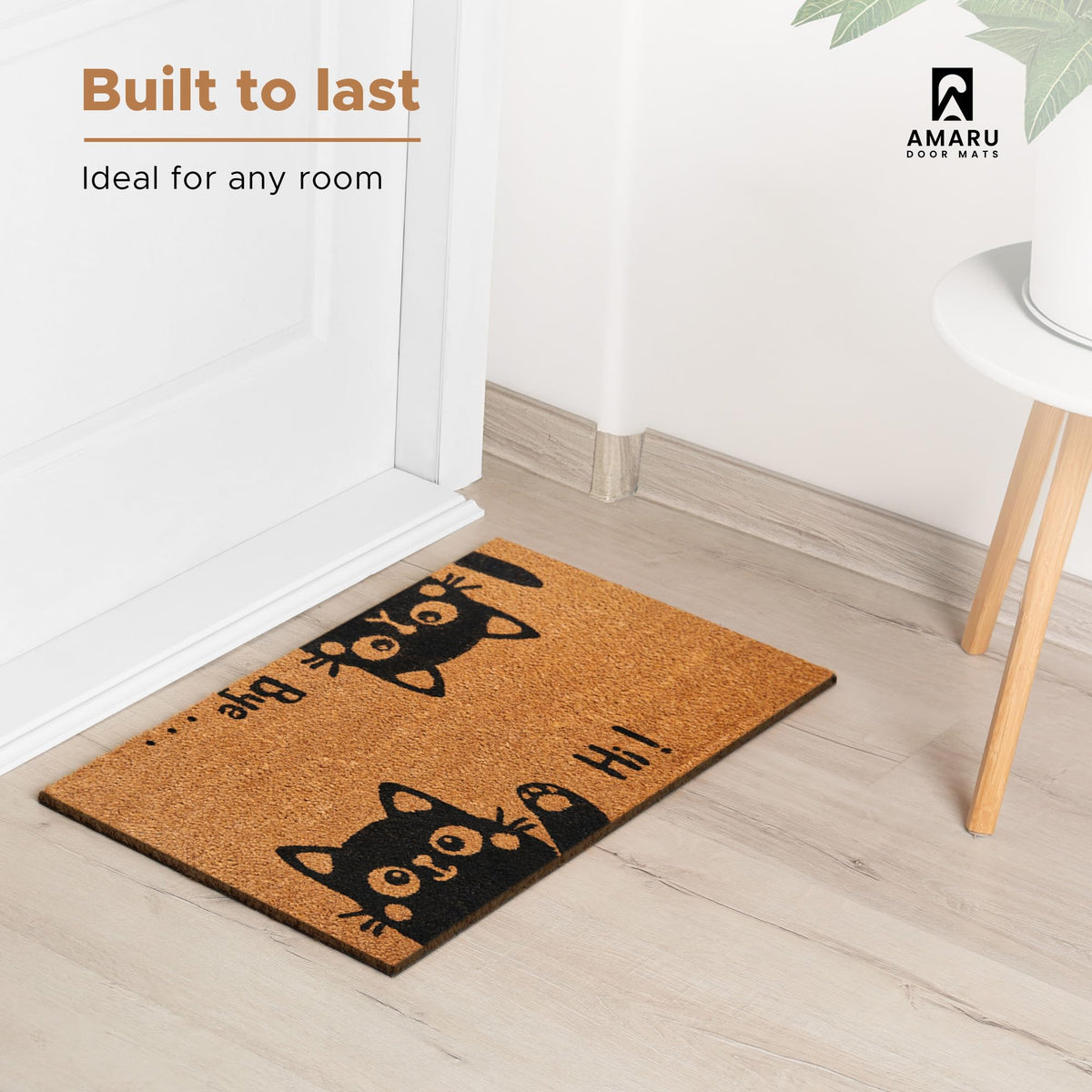 AMARU DOOR MATS Hi-Bye Cat natural coconut fiber texture blends with minimal decor.