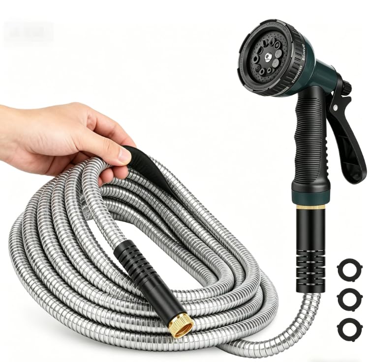 Amayrose garden hose 25ft steel nozzle for versatile outdoor cleaning.
