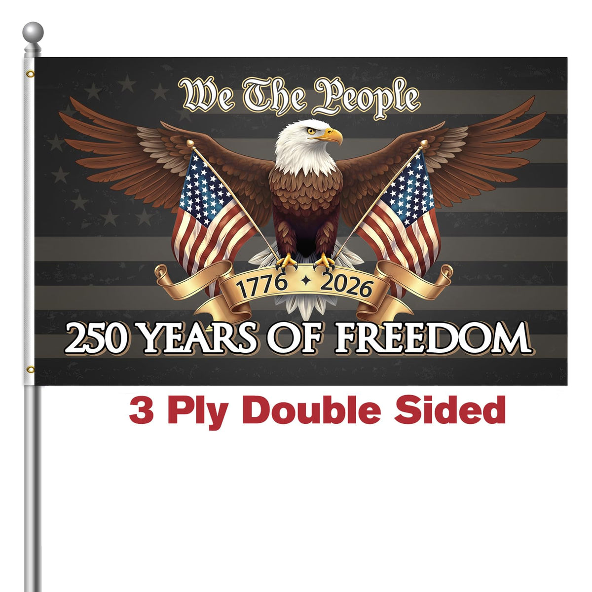 Amazing Flag Kingdom 250th anniversary flag, double-sided for outdoor visibility.