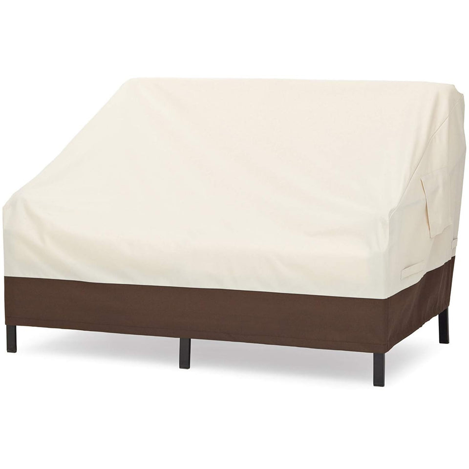 Amazon Basics 2-Seater Deep Lounge Sofa cover on a patio, offering rain protection.