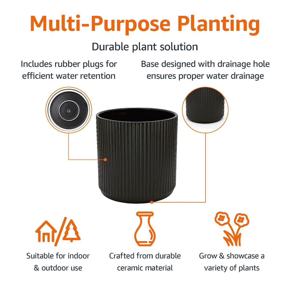 Amazon Basics black fluted planter with visible drainage hole for healthy roots.