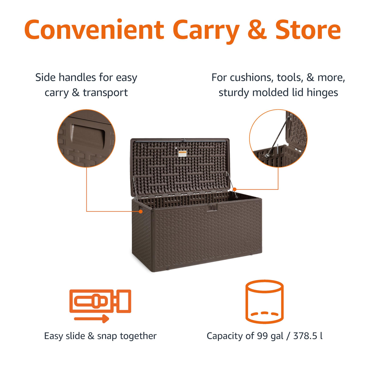 Amazon Basics deck box lid with durable hinges for easy, long-lasting outdoor use.