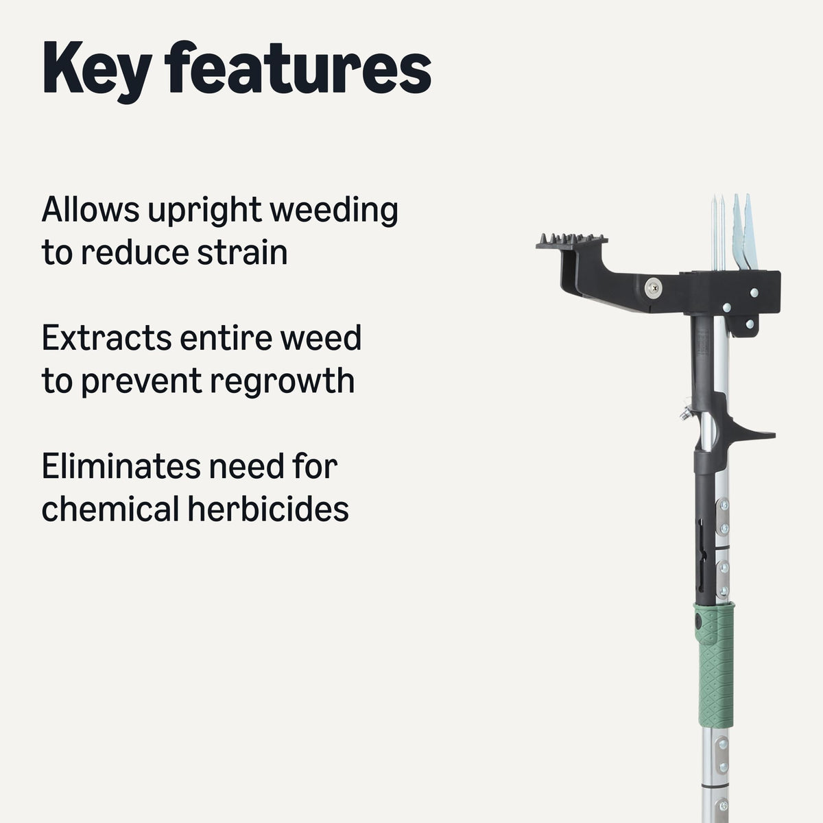 Amazon Basics ergonomic aluminum handle enables upright weeding and reduces knee strain.