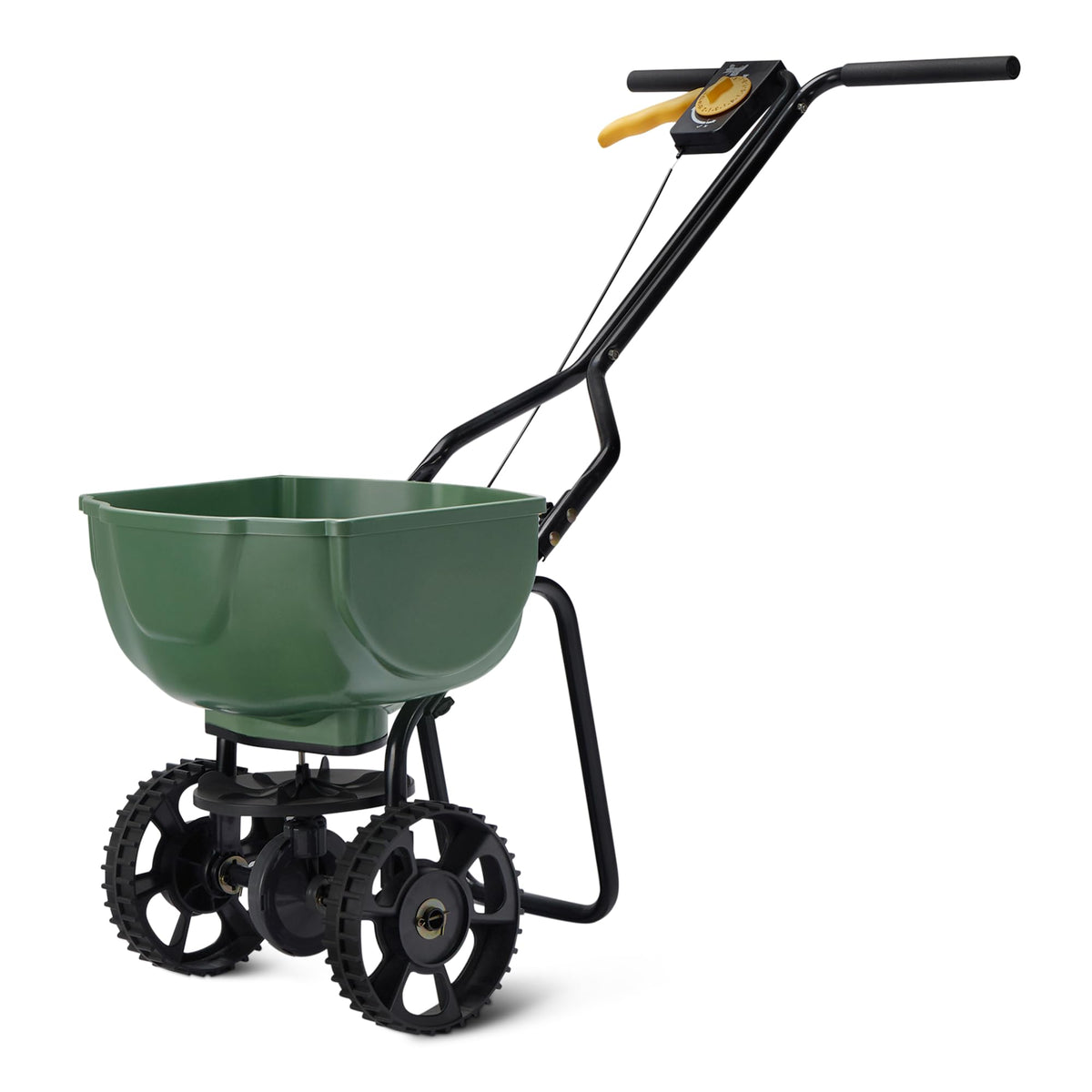 Amazon Basics fertilizer spreader front view with durable steel frame for even coverage