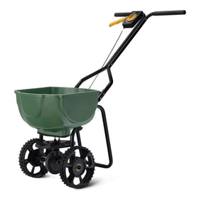 Amazon Basics fertilizer spreader front view with durable steel frame for even coverage