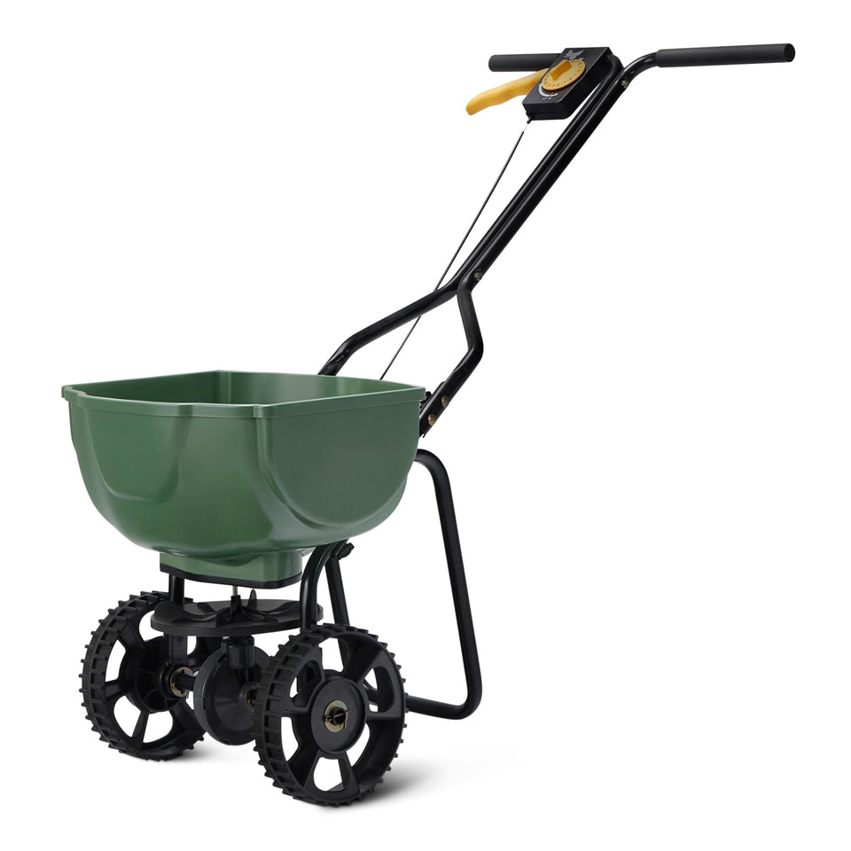 Amazon Basics fertilizer spreader front view with durable steel frame for even coverage