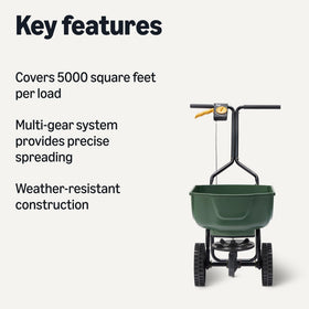 Amazon Basics spreader side view showing multi-gear control for precise application