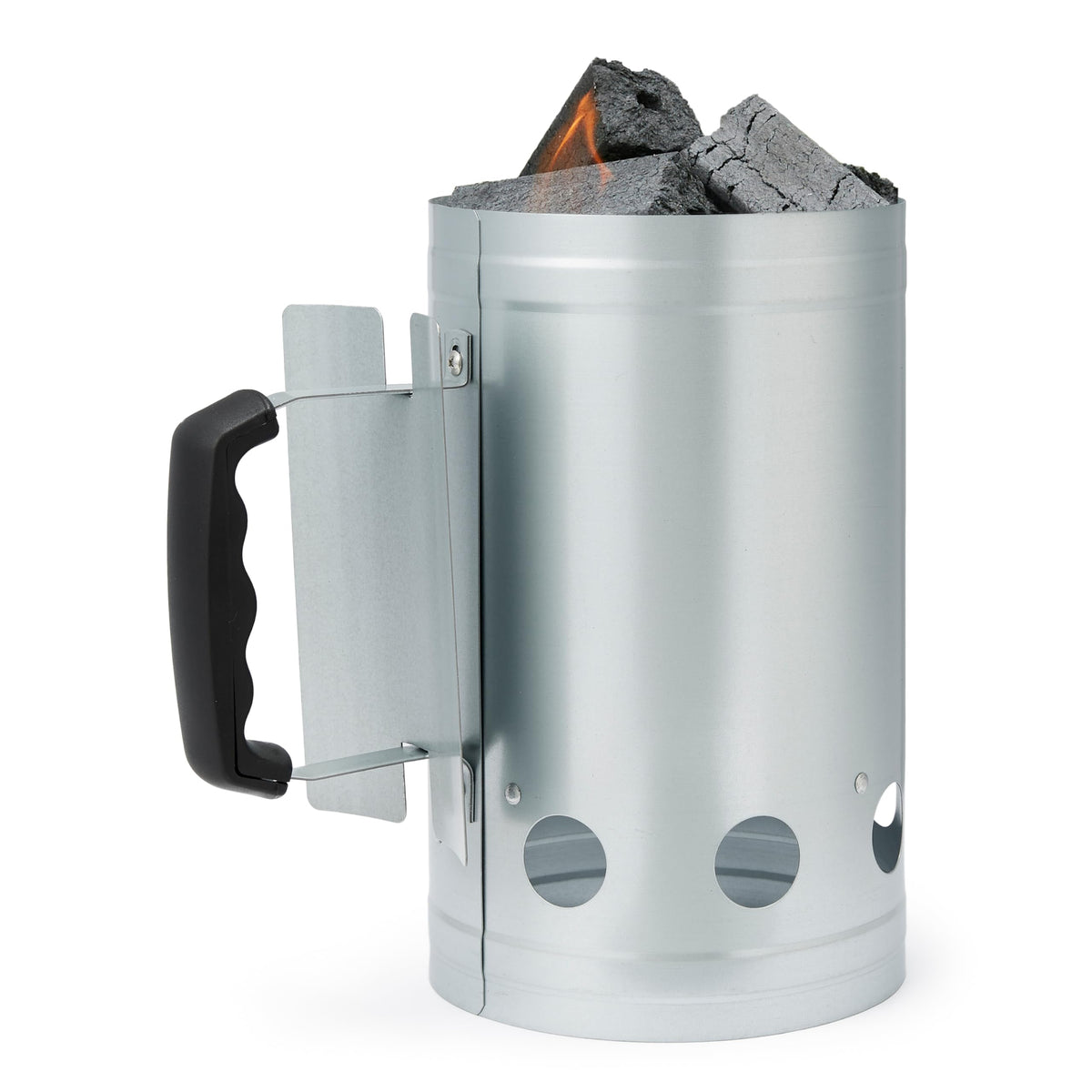 Amazon Basics charcoal chimney front view shows large capacity for quick lighting.