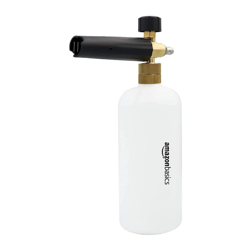 Amazon Basics foam cannon with brass body for durable car cleaning.
