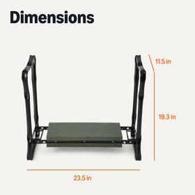 Amazon Basics gardening stool shows dimensions, unfolded use and folded storage.