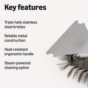Amazon Basics grill brush deluxe-handle side view highlights ergonomic grip for comfortable scrubbing.