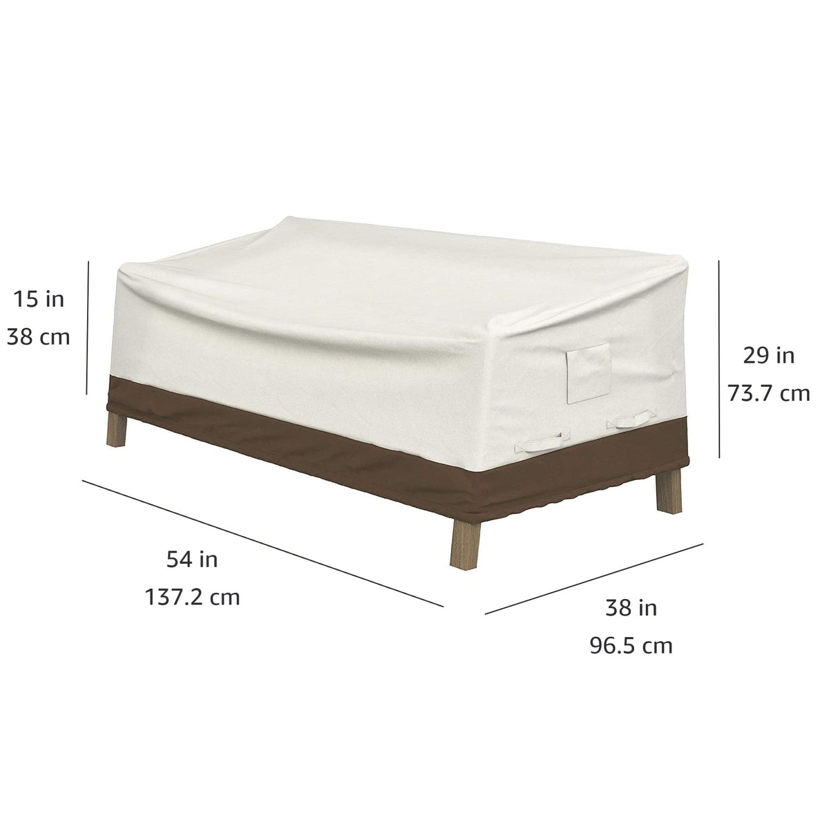Amazon Basics 38 x 54 x 29 inch sofa cover highlighting laminated PVC undercoating.