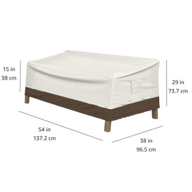 Amazon Basics 38 x 54 x 29 inch sofa cover highlighting laminated PVC undercoating.