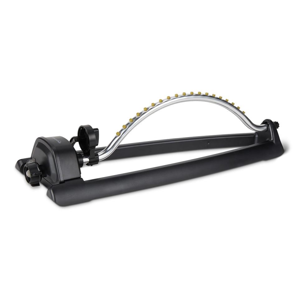 Amazon Basics oscillating sprinkler base ensures steady coverage for lawns.