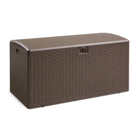 Amazon Basics outdoor storage deck box in brown with 99-gallon capacity for cushions and tools.