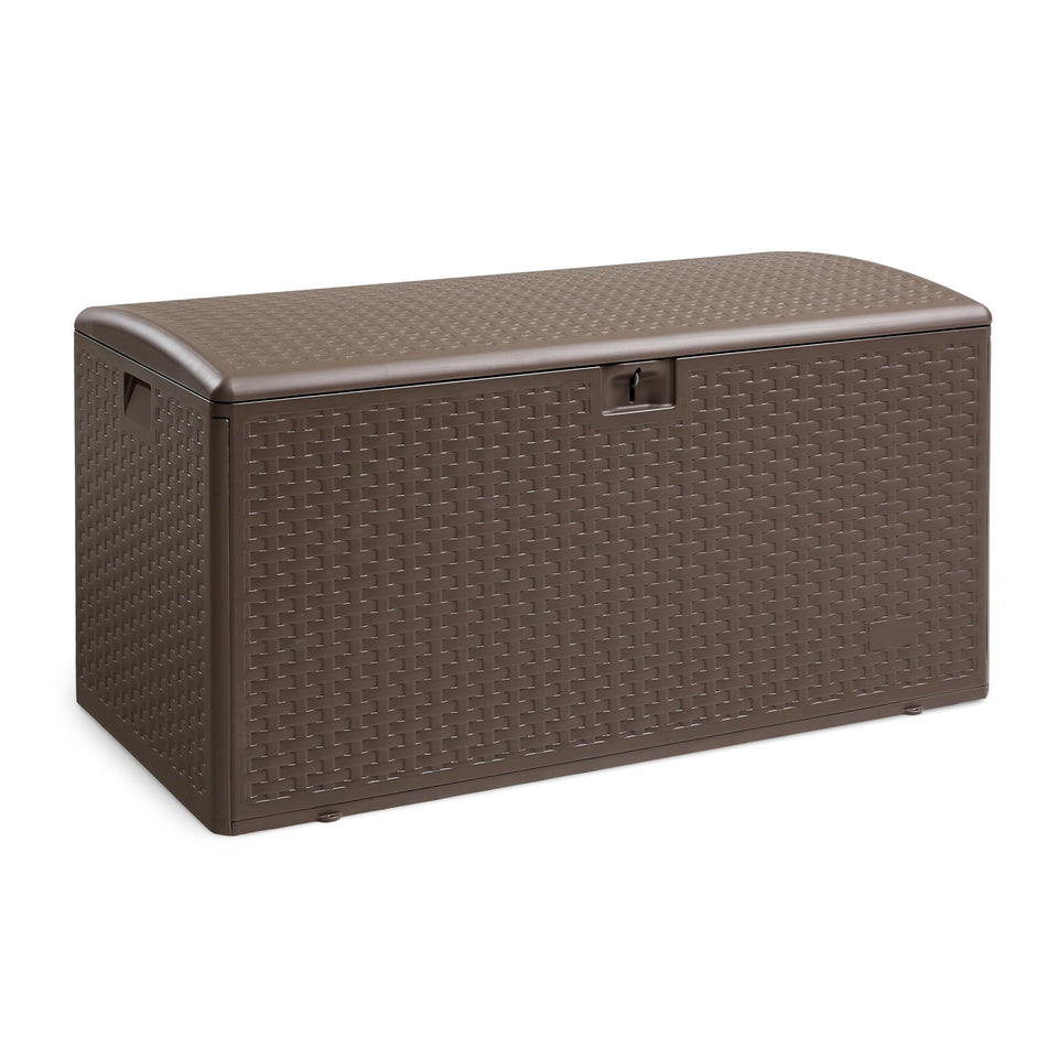 Amazon Basics outdoor storage deck box in brown with 99-gallon capacity for cushions and tools.