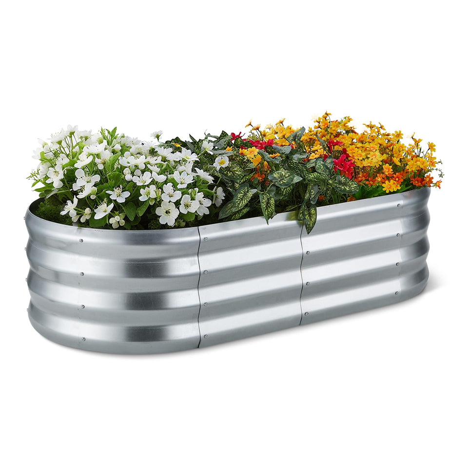 Amazon Basics raised garden bed, side view, sturdy galvanized steel for outdoor planting.