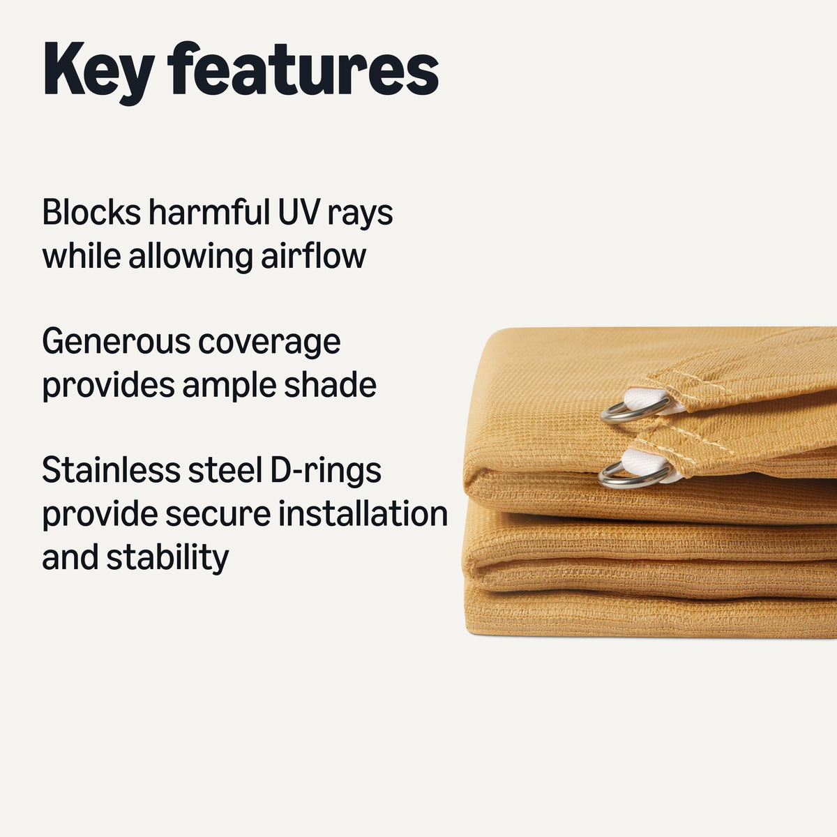 Amazon Basics shade sail showing stainless steel D-rings for secure installation and stability.