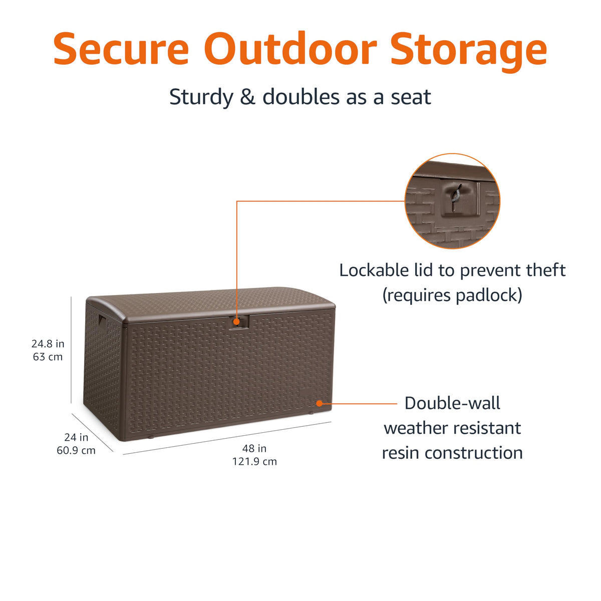 Amazon Basics weather-resistant deck box protecting cushions and gear from rain and sun.