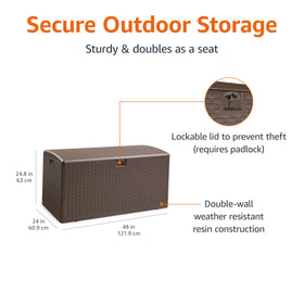 Amazon Basics weather-resistant deck box protecting cushions and gear from rain and sun.