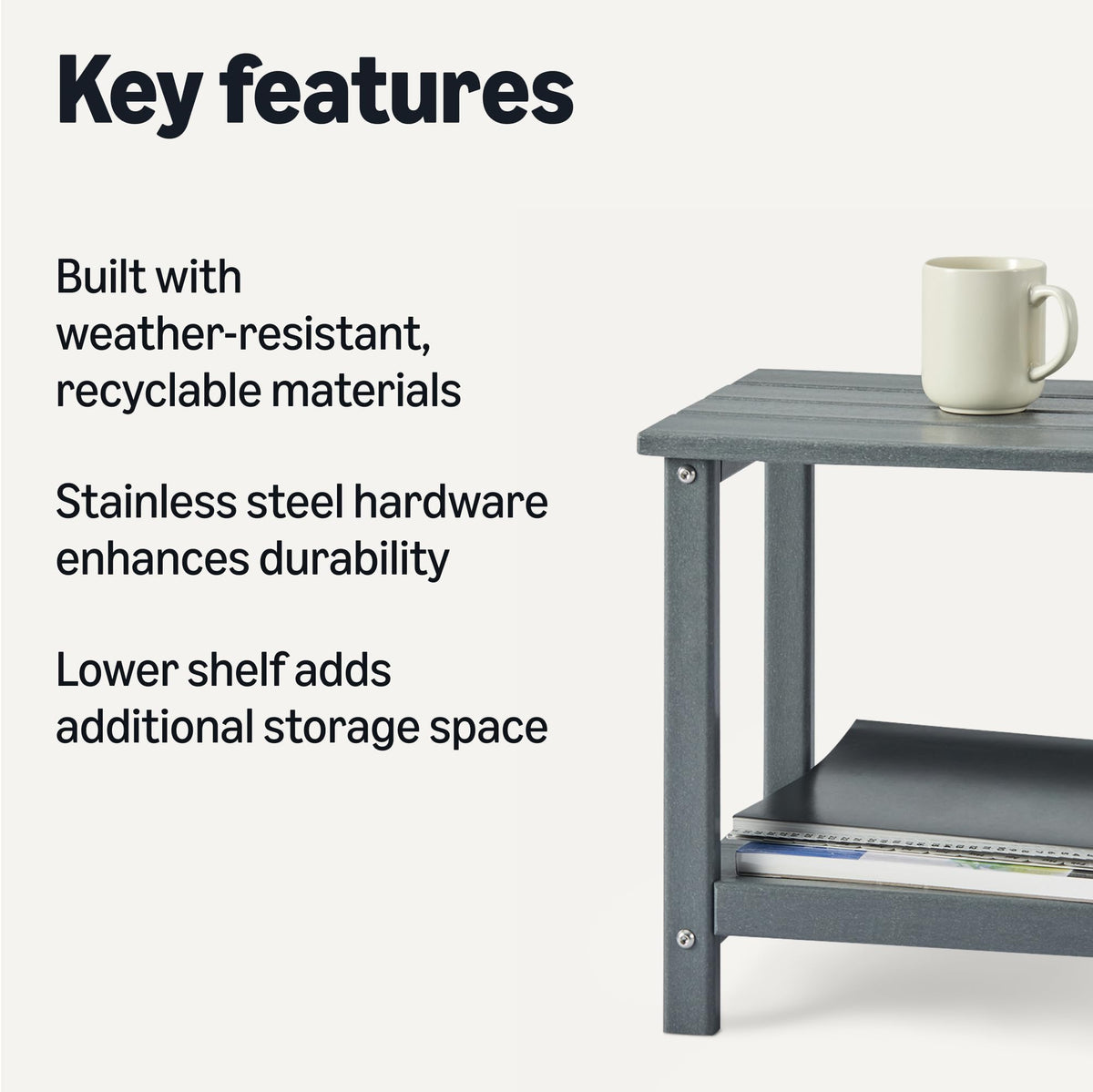 Amazon Basics table showing weather-resistant stainless steel hardware for rust protection
