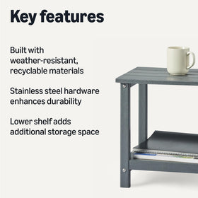 Amazon Basics table showing weather-resistant stainless steel hardware for rust protection