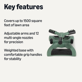 Amazon Basics whirling sprinkler arm angles show adjustable range for precise watering.